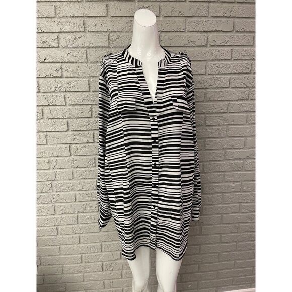 Calvin Klein Women Black /White V Neck Striped Roll Tab Tunic Blouse Size 1X - Picture 1 of 9